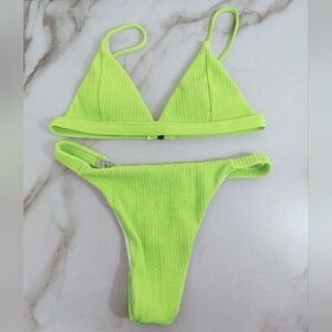 NWOT SHEIN Swim Basics Neon Green Ribbed Triangle Bikini Set, Sz M